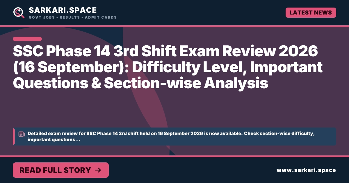 SSC Phase 14 3rd Shift Exam Review 2026 (16 September): Difficulty Level, Important Questions & Section-wise Analysis