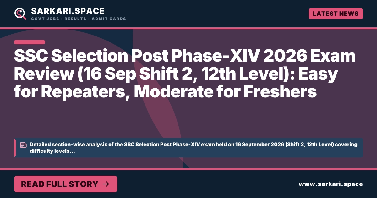 SSC Selection Post Phase-XIV 2026 Exam Review (16 Sep Shift 2, 12th Level): Easy for Repeaters, Moderate for Freshers