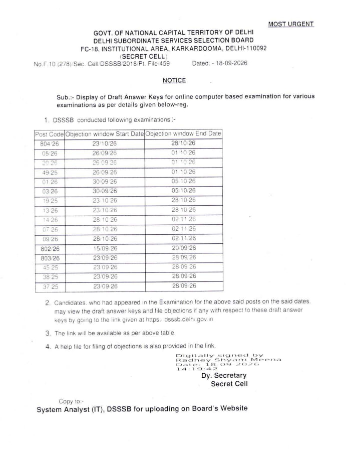 DSSSB Draft Answer Key 2026 Released for Various Online CBT Examinations Notice